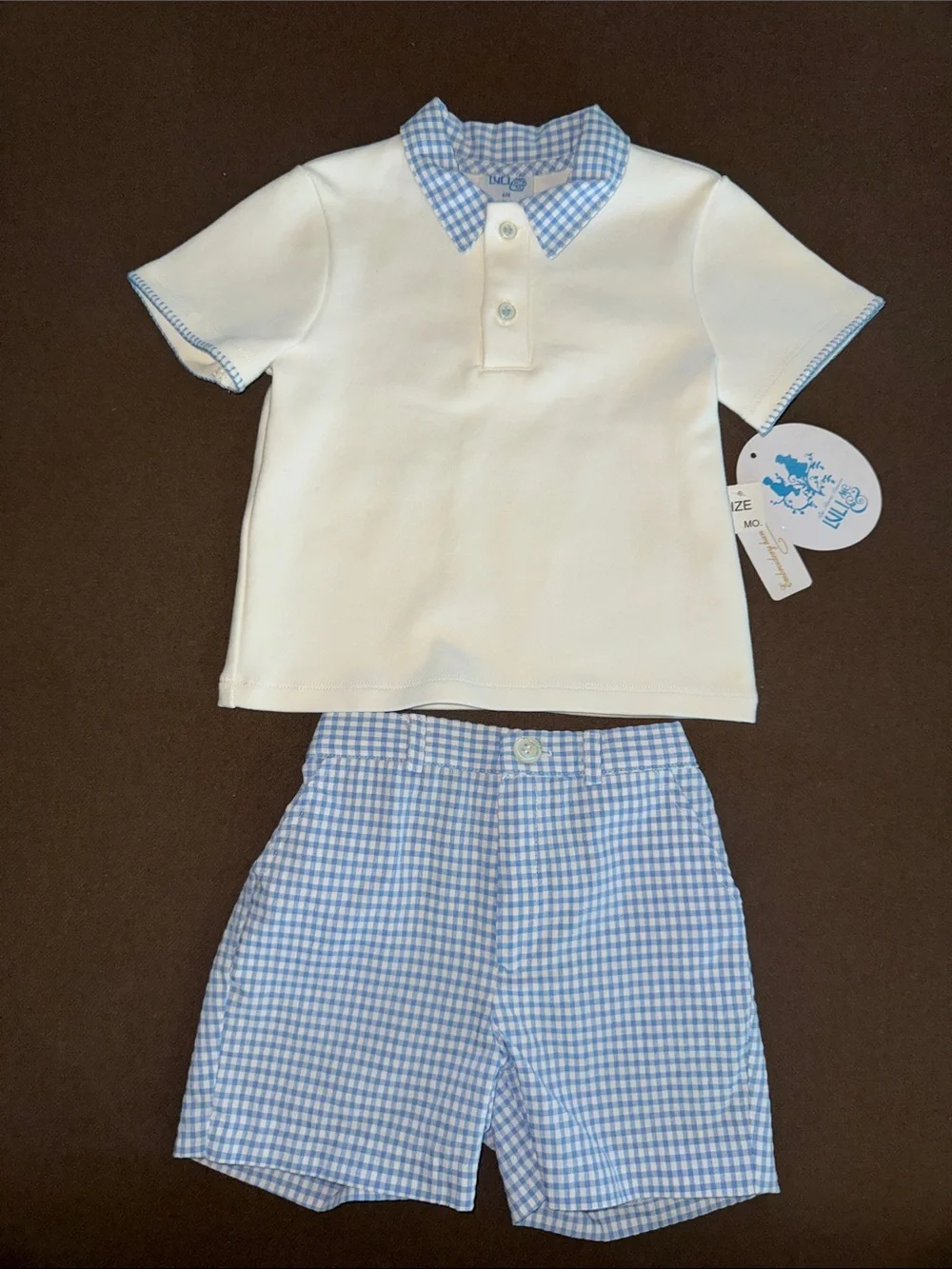 Luli & Me White Polo with Blue Gingham Collar and Shorts Set